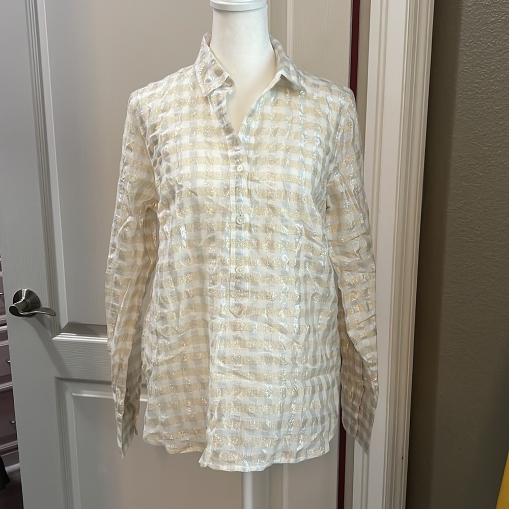 JCrew Metallic Plaid Popover Silver/Gold Size 4